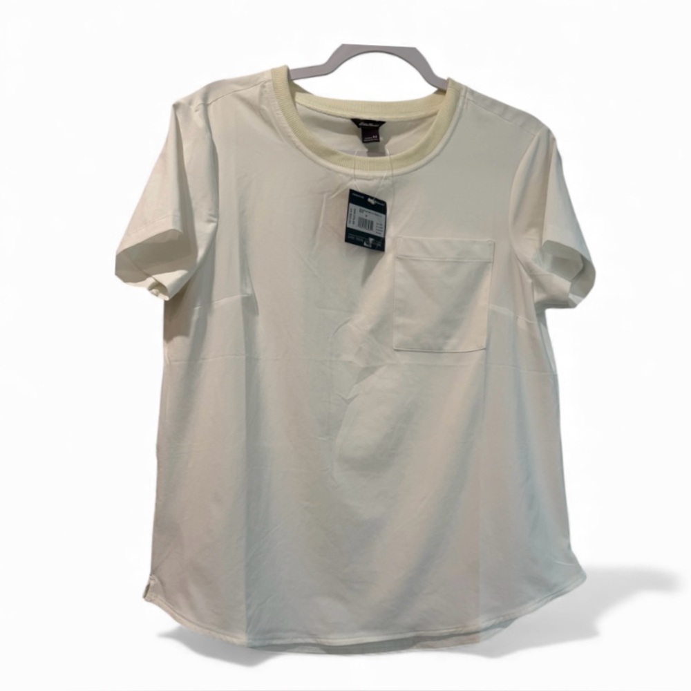 NWT Eddie Bauer Departure women’s Medium short sleeve snow pocket white Tee